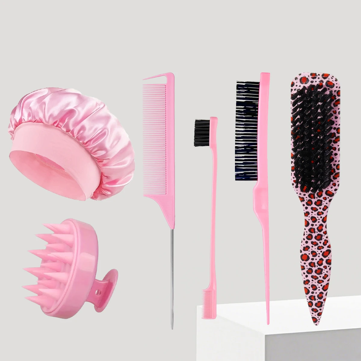 6pcs hair styling tool set - scalp massage shampoo brush, beauty satin hair cap, hair salon tools, special for real hair wigs view 2