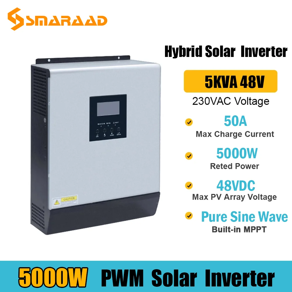 

5000W Solar Inverter 5000VA Hybrid 24V PV Input 80VDC 220VAC Output Pure Sine Wave Build In 50A PWM Solar Charger Controller