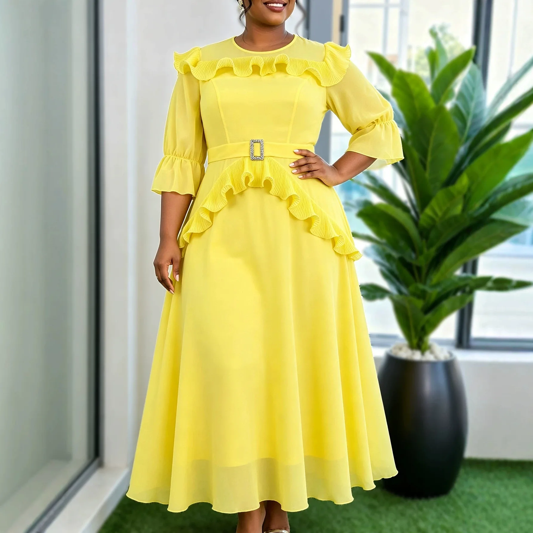 African Women Chiffon Dresses O Neck 3/4 Puff Sleeve Ruffled Belted A Line Wedding Guest Commute Casual Daily Party Outfits