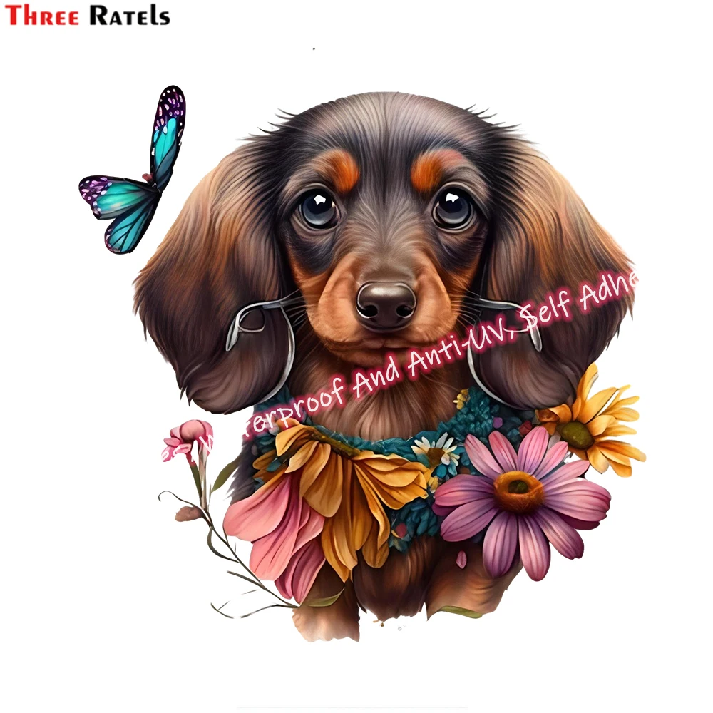 Three Ratels M52 Cute Floral Dachshund Puppy Dog Wall Stickers Home Decoration 3D Adhesive Wallpaper