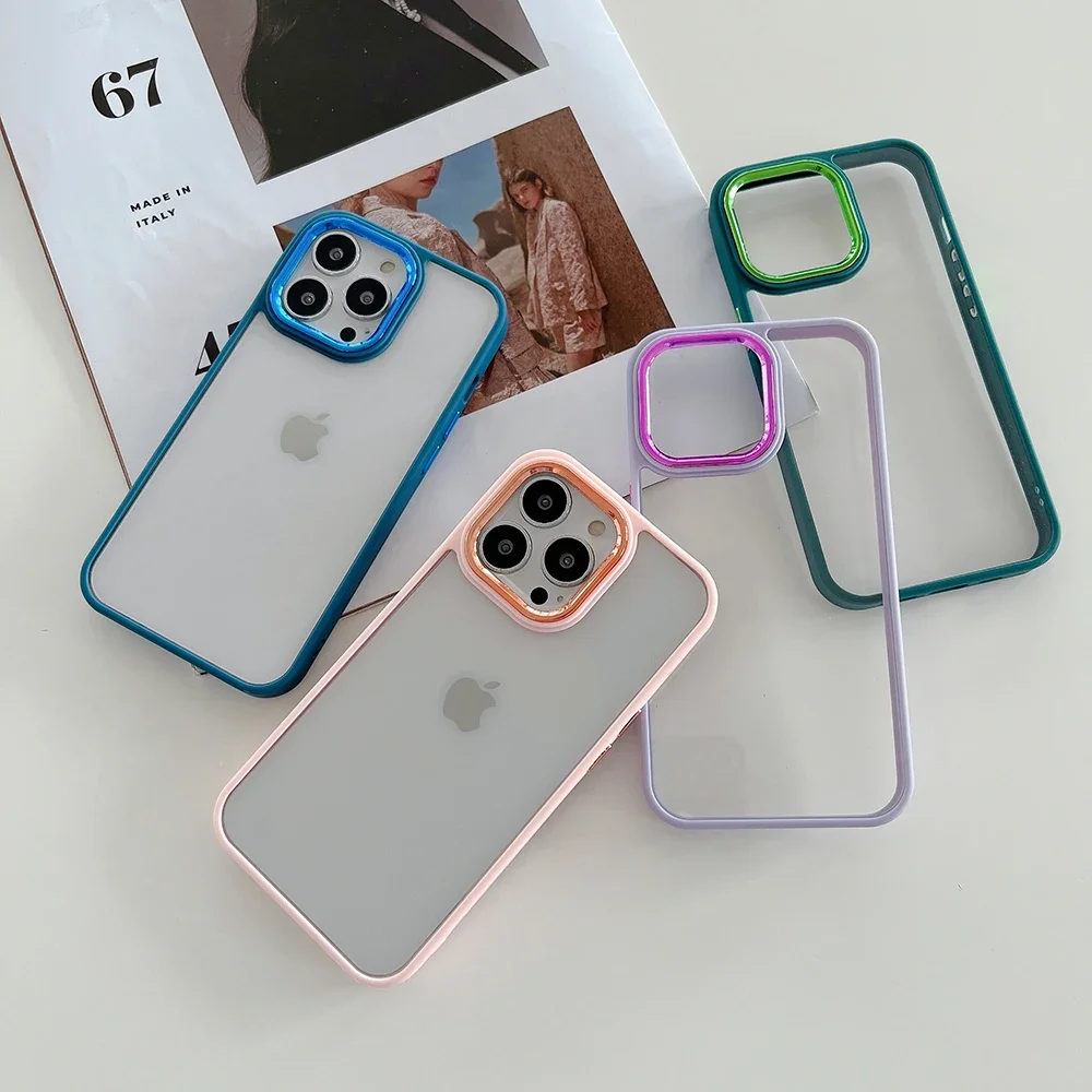 Custodia morbida per telefono paraurti in TPU per iPhone 15 14 Plus 13 12 11 Pro Max placcatura pulsanti in plastica bordo della fotocamera Cover posteriore trasparente in acrilico