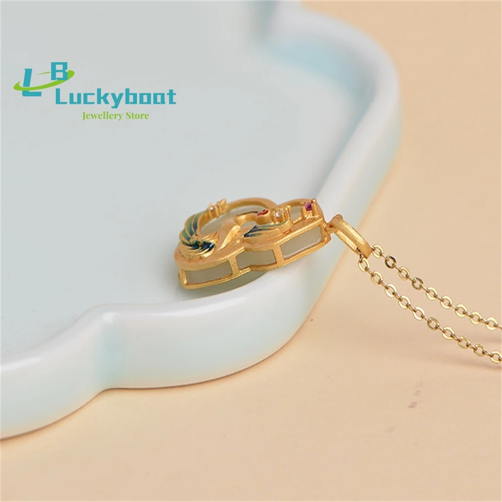 Hetian White Jade Gourd Pendant S925 Silver Gold-plated Retro National Style Enamel Color Antique Phoenix Necklace Clavicle