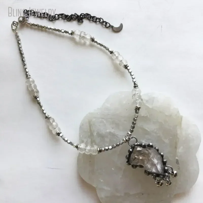 10pcs Clear Cluster Herkimer Quartz Crystal Silver Drop Bead Choker Necklace One Of A Kind Ooak  Plated Statement Jewelry