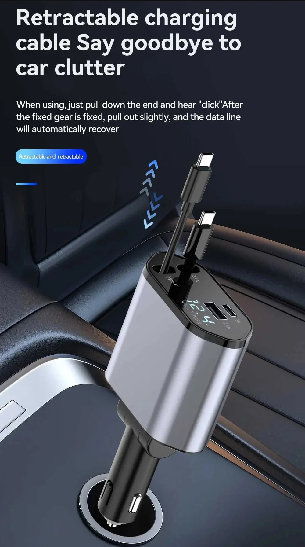 4-in-1 Einziehbares Auto-Ladegerät 120W USB-C Auto-Ladeadapter mit 2 USB-Anschlüssen für iPhone 16 15 Samsung – Detail 3