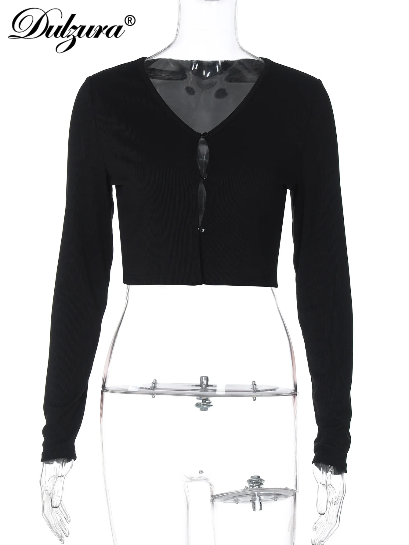 Dulzura col en v à manches longues coupe ajustée simple boutonnage T-Shirt femmes solide décontracté élégant Y2K haut fête Club rue tenue d'été