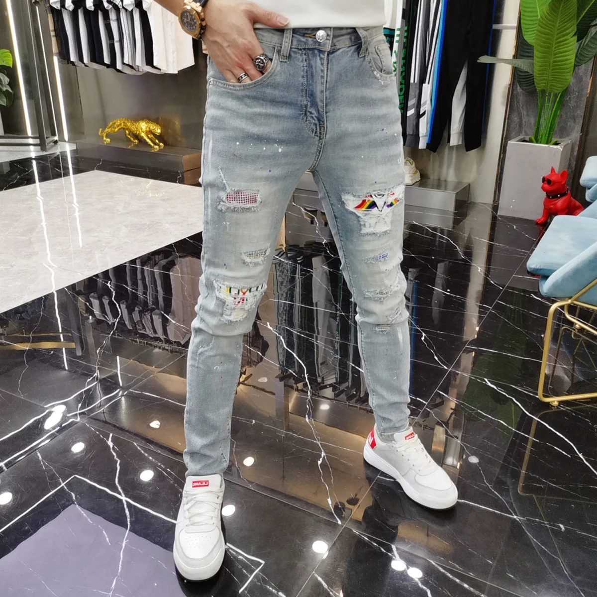 

Luxury Clothing Autumn Trend Patch Ripped Embroidered Jeans Men's Slim Trend Teen Ruffian Handsome Trousers Work Pants Men