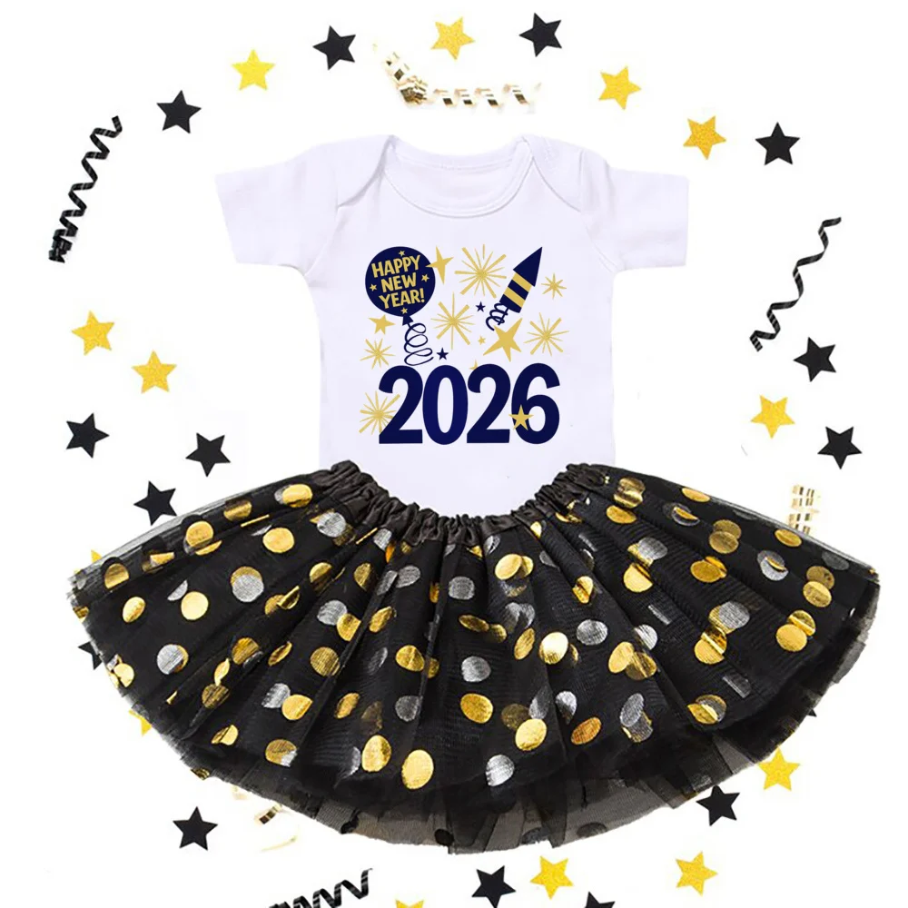 مرحبا 2026 طباعة 2 قطعة طفل الفتيات ارتداءها فستان مجموعة السنة الجديدة فتاة قصيرة الأكمام رومبير توتو تنورة فساتين الرضع مجموعة الزي