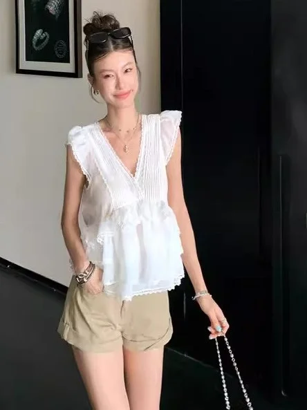 Romantico Puro Desiderio Estate Nuovo Bianco V-ne ort Lace Trim Fly Sve Top sexy Sottile da donna irt Coreano Sle Slim Fit