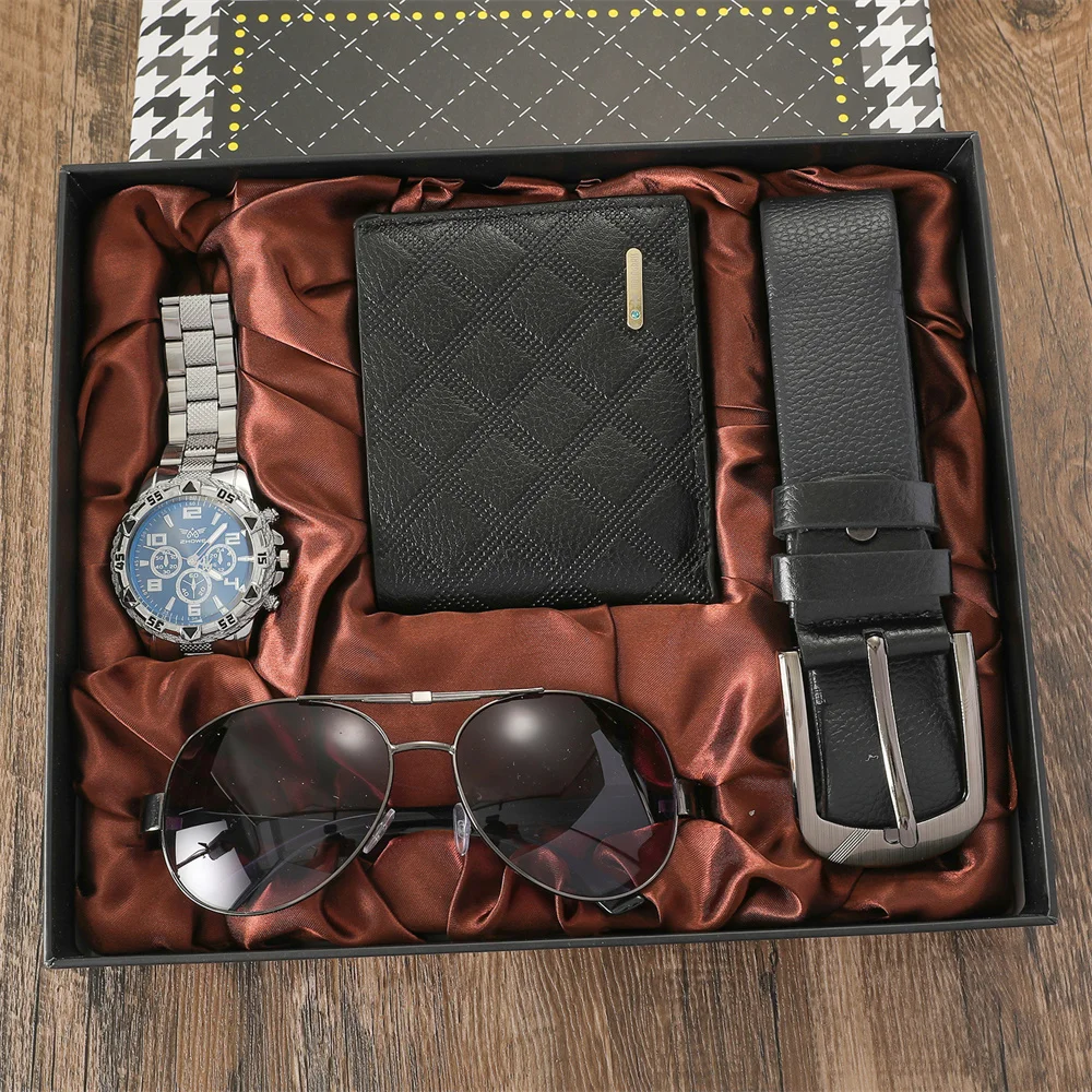 New 2026 Fashion 4pcs/set Mens Gift Set Quartz Watch Wallet Leather Belt Sunglasses Casual Business Birthday Gift Box for Men