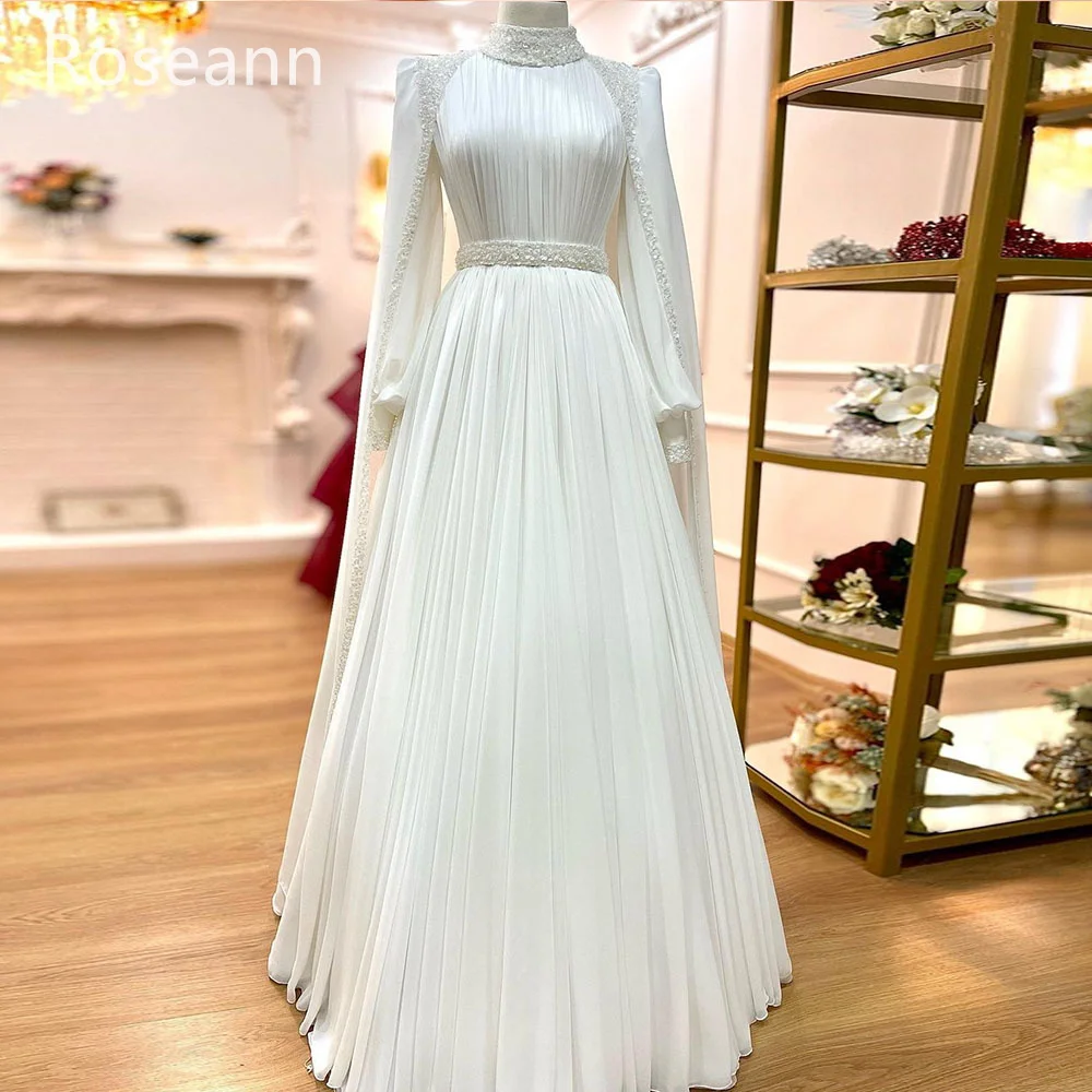 ที่กําหนดเองมุสลิมสูงงาช้าง A-Line ชุดแต่งงาน Paillette พับ Draped จีบเข็มขัดชุดเจ้าสาว Robe de mariée 2025