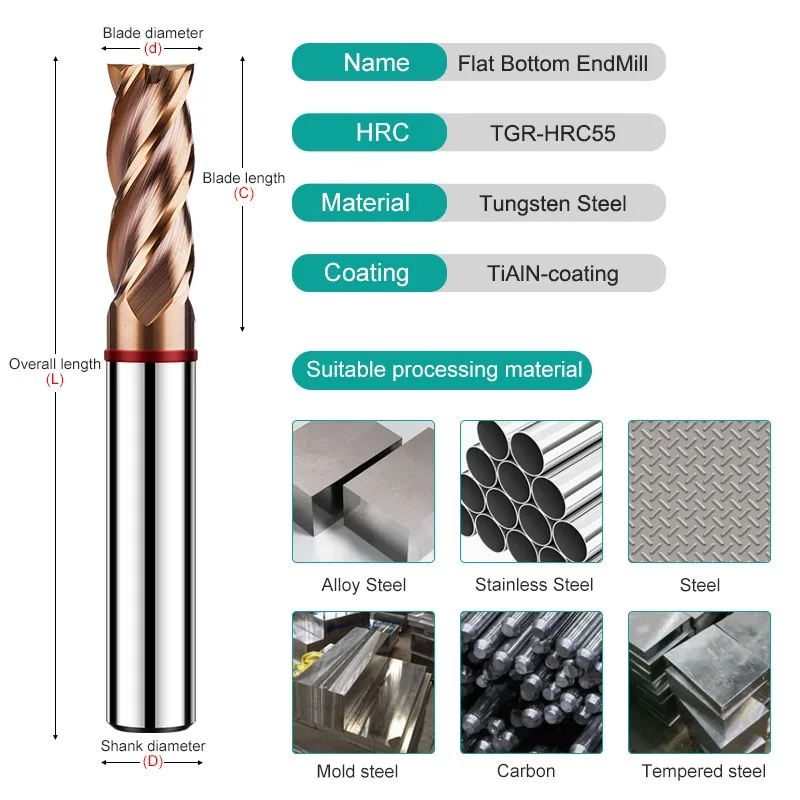 YIFINO TGR-HRC55 4F Color Circle Flat End Mill Tungsten Steel Carbide Alloy Coating Milling Cutter CNC Machining Endmills Tools