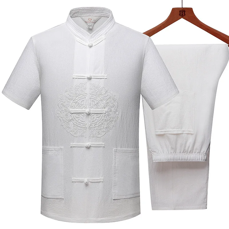 

Chinese Style Men Kung Fu Tai Chi Set Embroidered Retro Tang Suit Ethnic Clothing Casual Short Sleeve Cotton Linen Loungewear