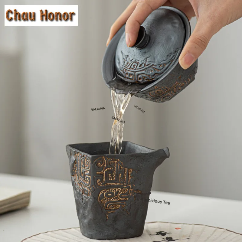 Vintage Old Rock Clay Gaiwan Ancient Tea Tureen Household Tea Bowl with Lid Kit Tea Maker Cover Bowl Kung Fu Tea Set Decoration