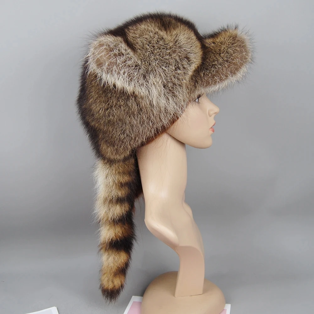 New Style Lady Natural Raccoon Fur Hat Brim Baseball Cap Raccoon Fur Tail Brand Women Winter Elegant Stylish Thick Warm Caps