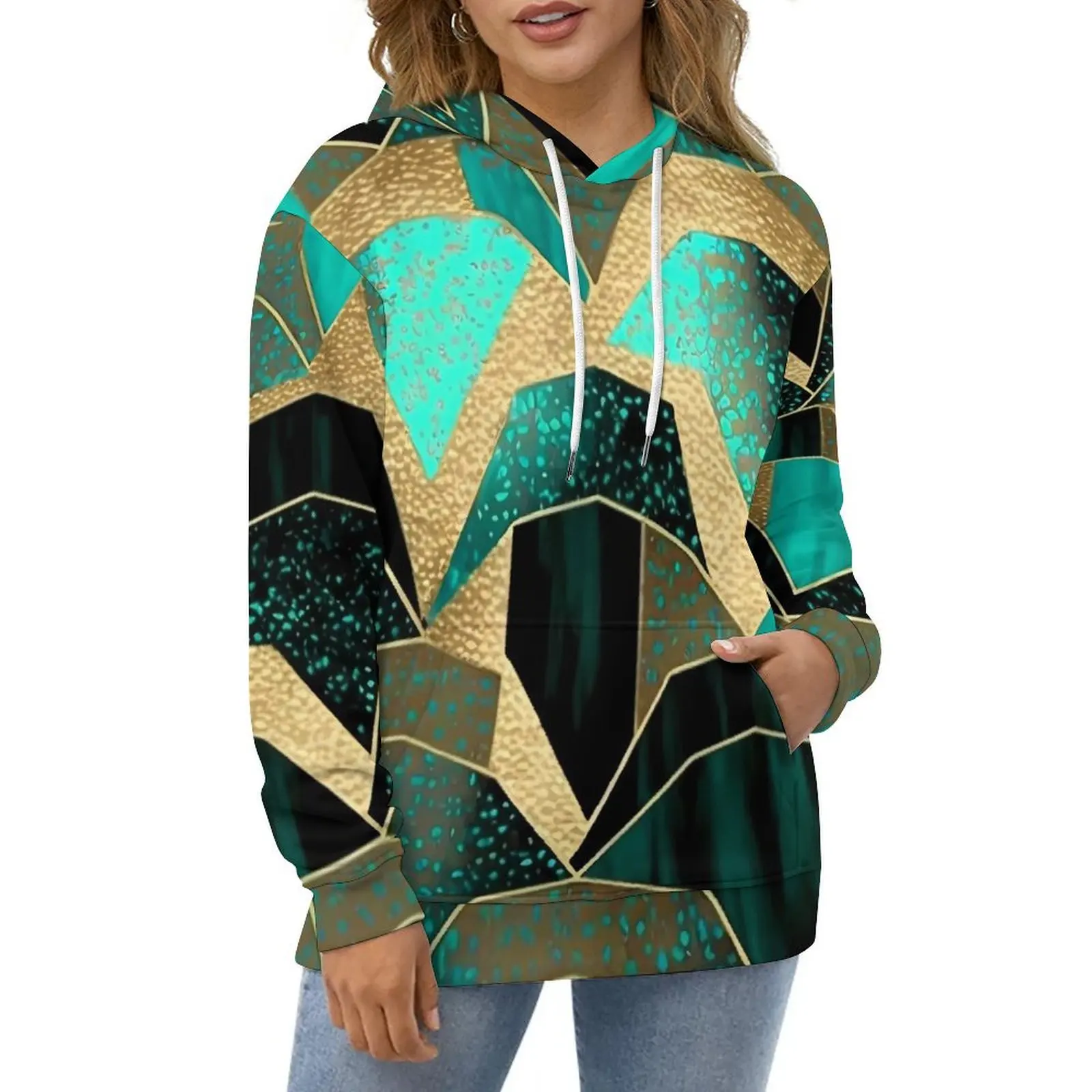 

Art Vintage Geometric Casual Hoodies Turquoise Scales Y2k Design Loose Hoodie Autumn Long Sleeve Fashion Oversized Clothes