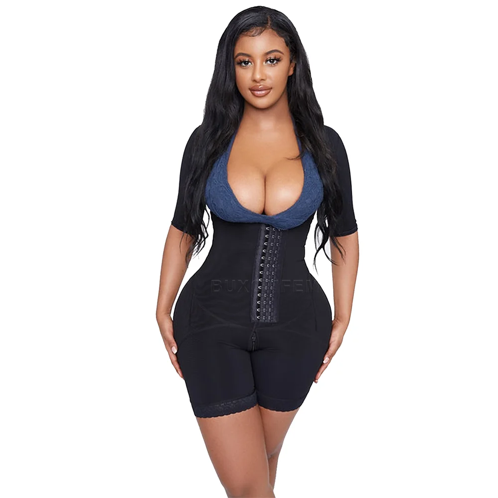 Chest Wrap Shapewear Half-Sleeve Stretchy Waist Shaper and Butt Lifter Adjustable Black Hip Enhancer Shapewear with Hook Eyes