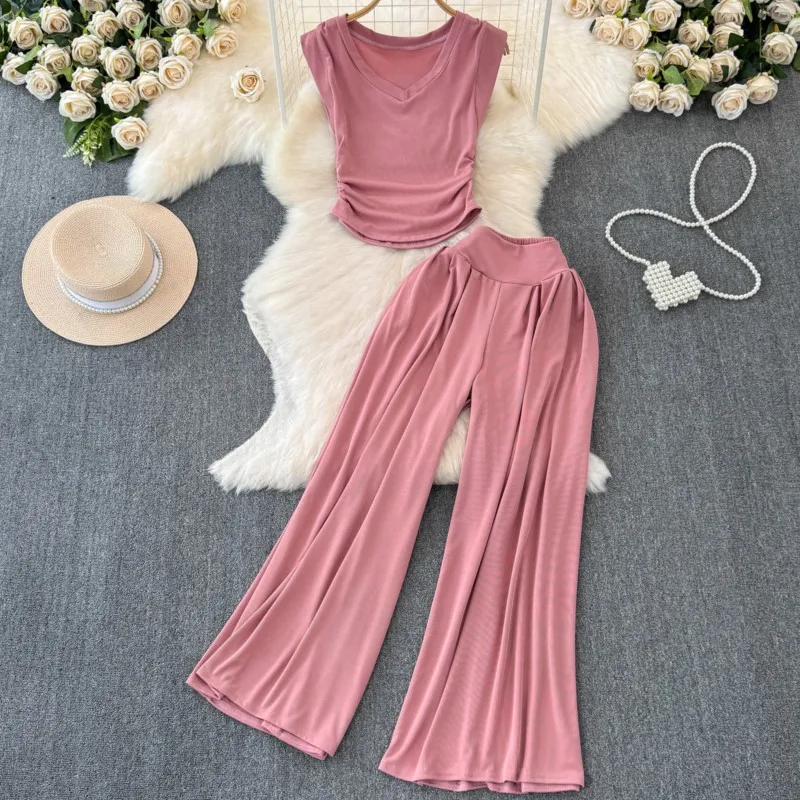 Summer Women Fashion New Solid Chic Pantsuit Vintage Casual Crop Tops Wide-Leg Pants Two Pieces Set Female Clothes New Outfits