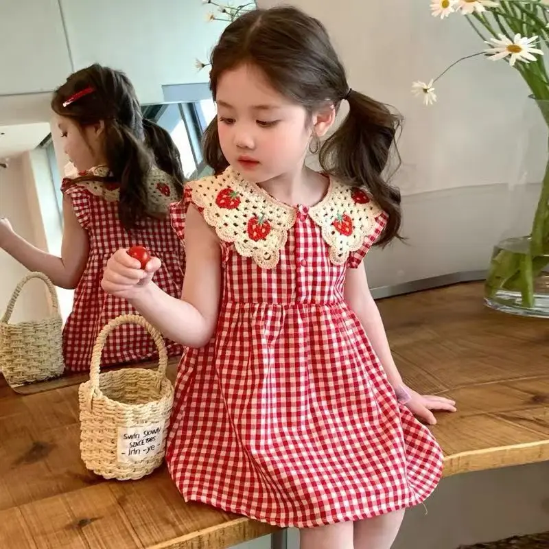 

Girl's Doll Neck Dress Summer New Fashionable Children's Baby Sweet Checkered Dress Little Girl Princess Dress 90-140CM