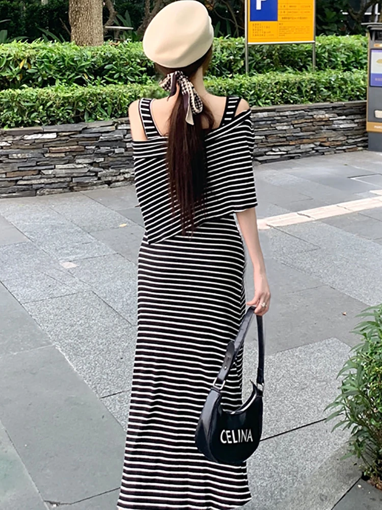 Summer Black and White Striped Square Collar Sling Sexy Dress Women Elegant Luxury Ruffled Long Dress 2025 Korean Bodycon Dress