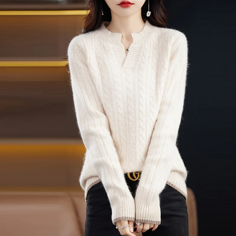 Mink cashmere sweater half open neck sweater for women Outer wear base shirt autumn and winter 2023 pullover knitted twisted top