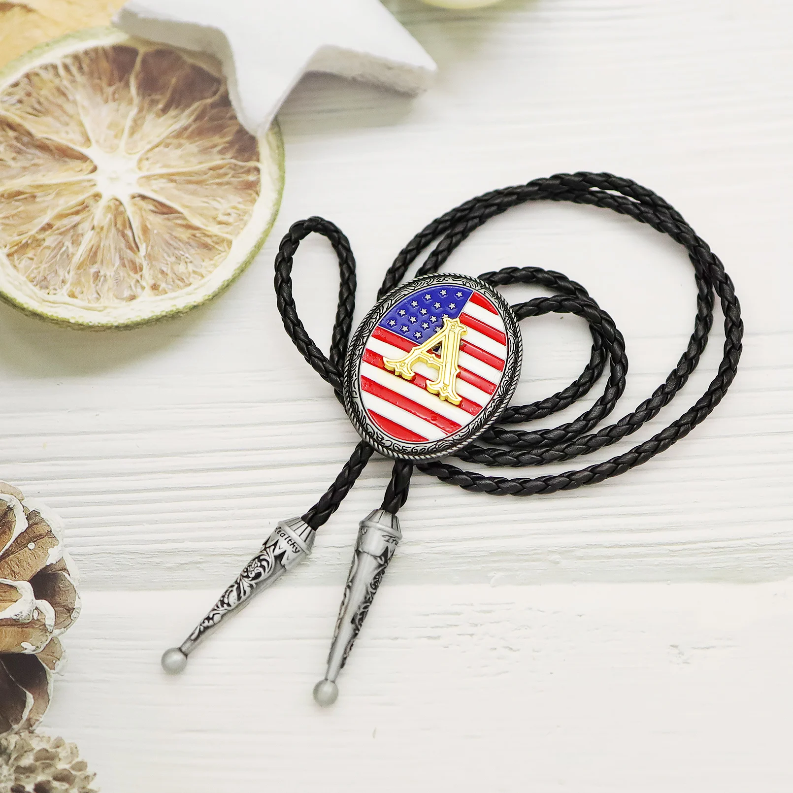 American Flag Gold Color Letters Bolo Tie Western Cowboy Leather Rope Necktie 4th of July Independence Accsssories for Men Women