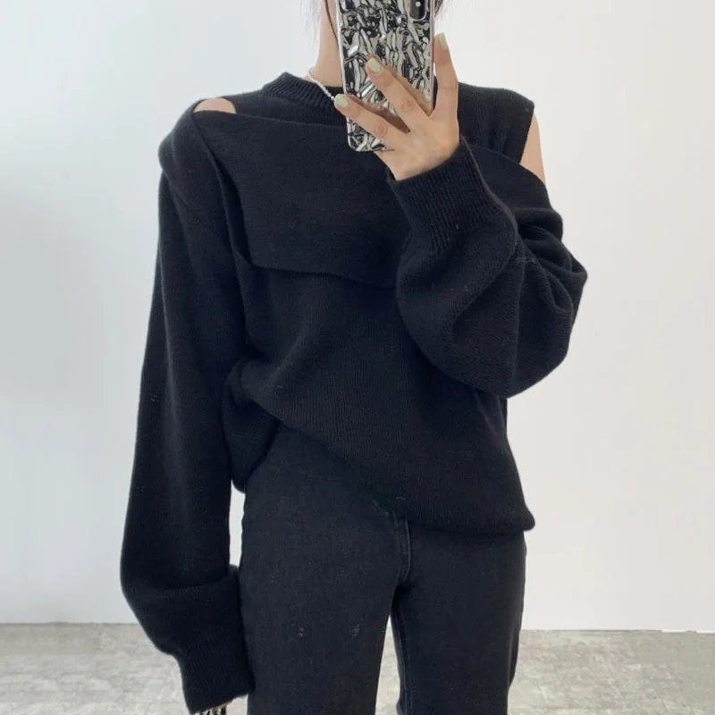 

Fashion Chic Gary O-neck Layering Hollow Out Women 2022 New Loose Knitting Pullovers Sweater Autumn Winter 2022 M065