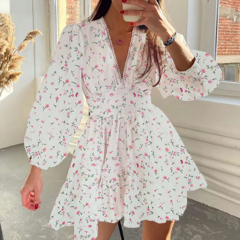 Fashion Flower Print Women's Dress Spring Summer Sexy V-neck Ruffles Lace Elegant Dress For Women Vacation Slim A-line Dresses