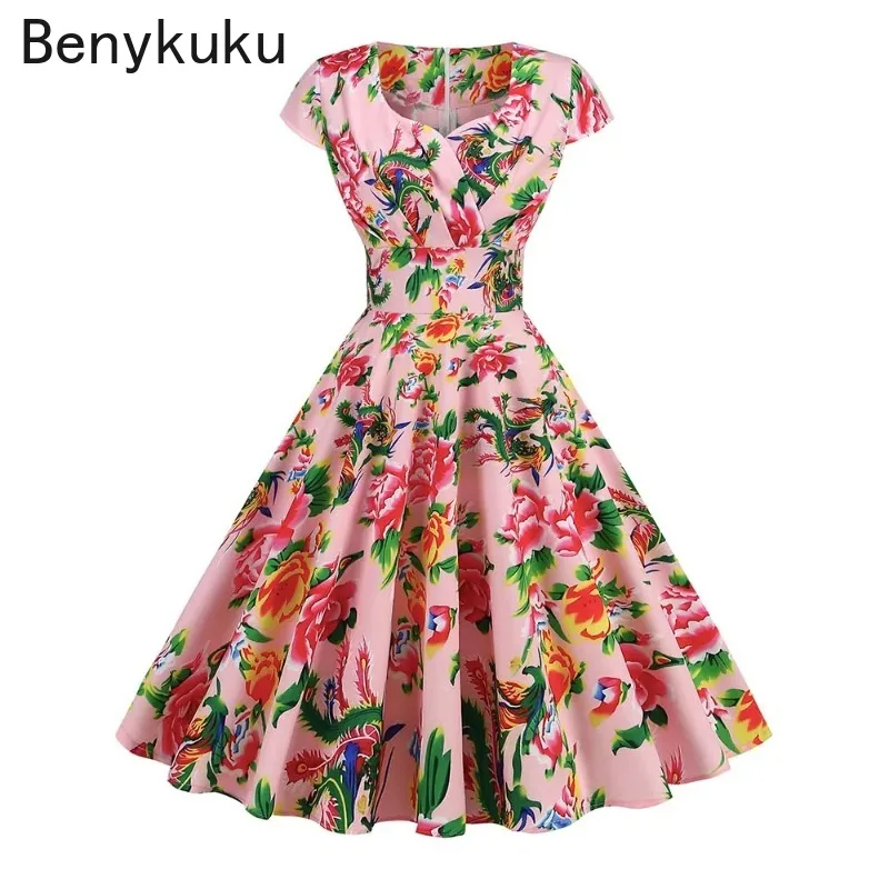 

2024 Floral Print Summer Dresses for Women 50s 60s Pinup Vintage Elegant Cap Sleeve Retro Rockabilly Party Dress Vestidos