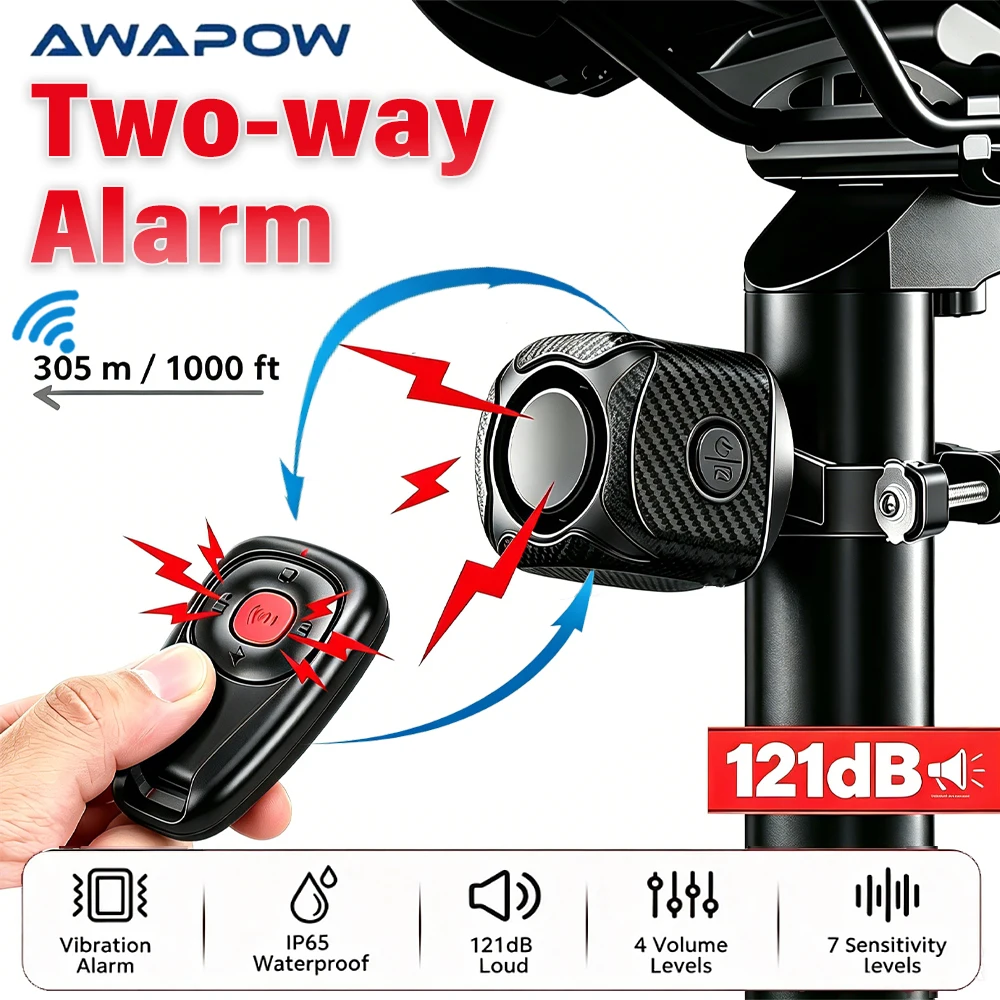 Awapow One/Two Way Vibration Alarm Wireless for Motorcycle Bicycle Bike Car Carbon Fiber Alarm Recharge 121dB Anti-theft Sensor