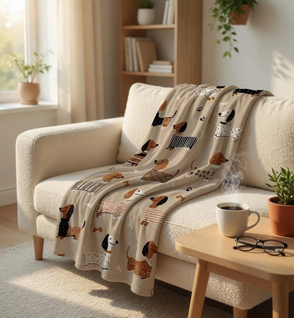 Cute Striped Dachshund Dog Fleece Blanket Single Sided 2D Print Plush Warm Fabric for Sofa Bed Nap Pet Lover Cozy Casual Vibe