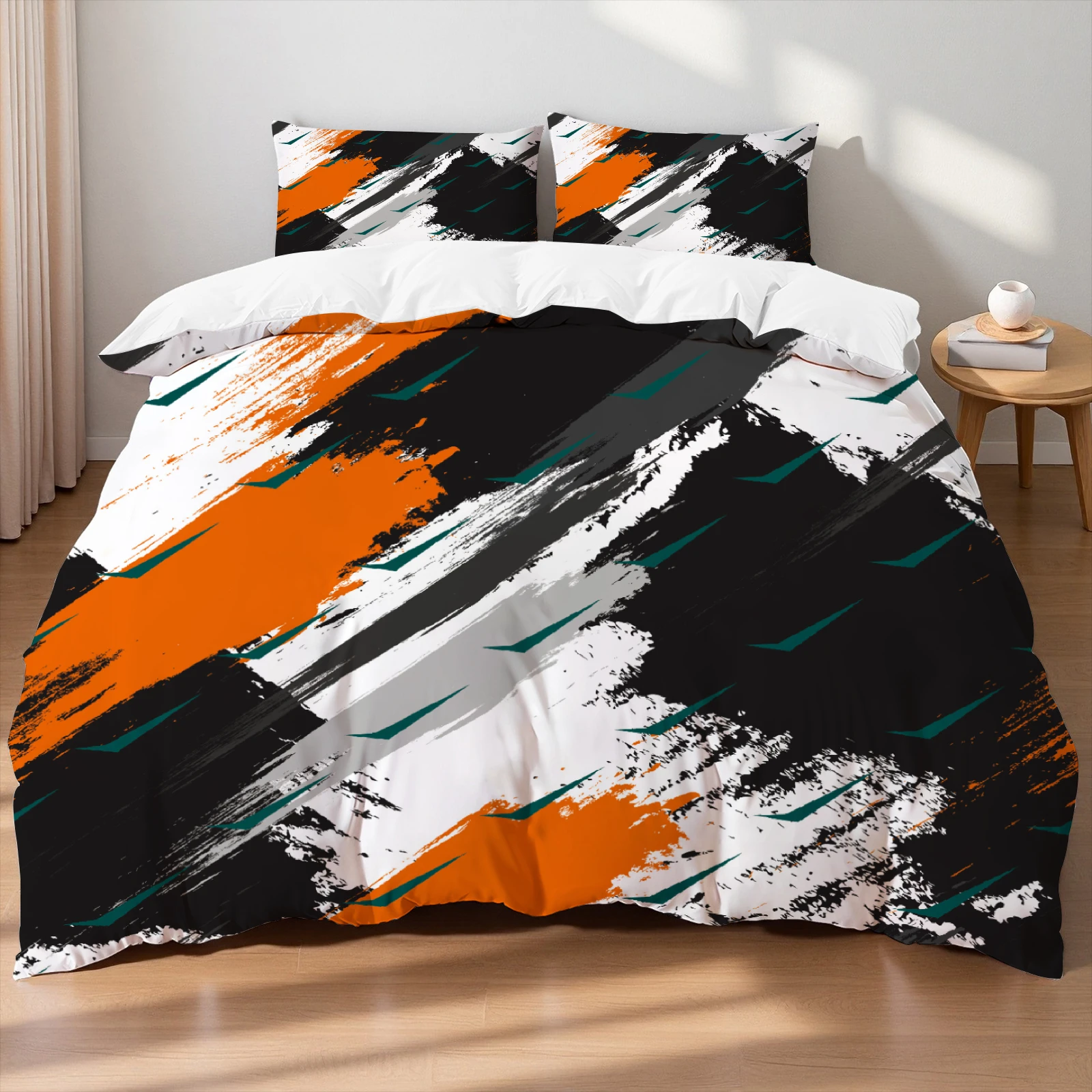 King Size Bedding Set Orange Black Abstract Brush Stroke Modern Graffiti Print Breathable Duvet Cover Set For Teen Bedroom