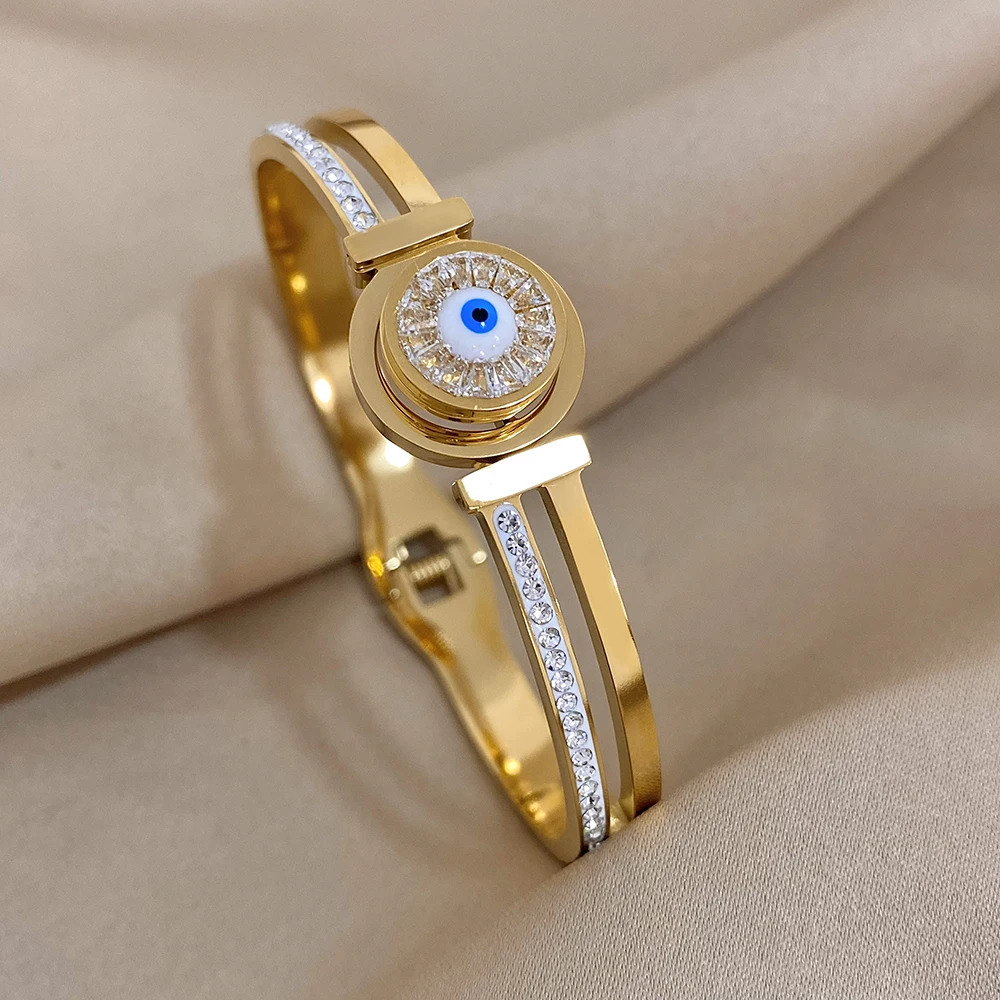Evil Eye Stainless Steel Charm Bracelet, Rhinestone