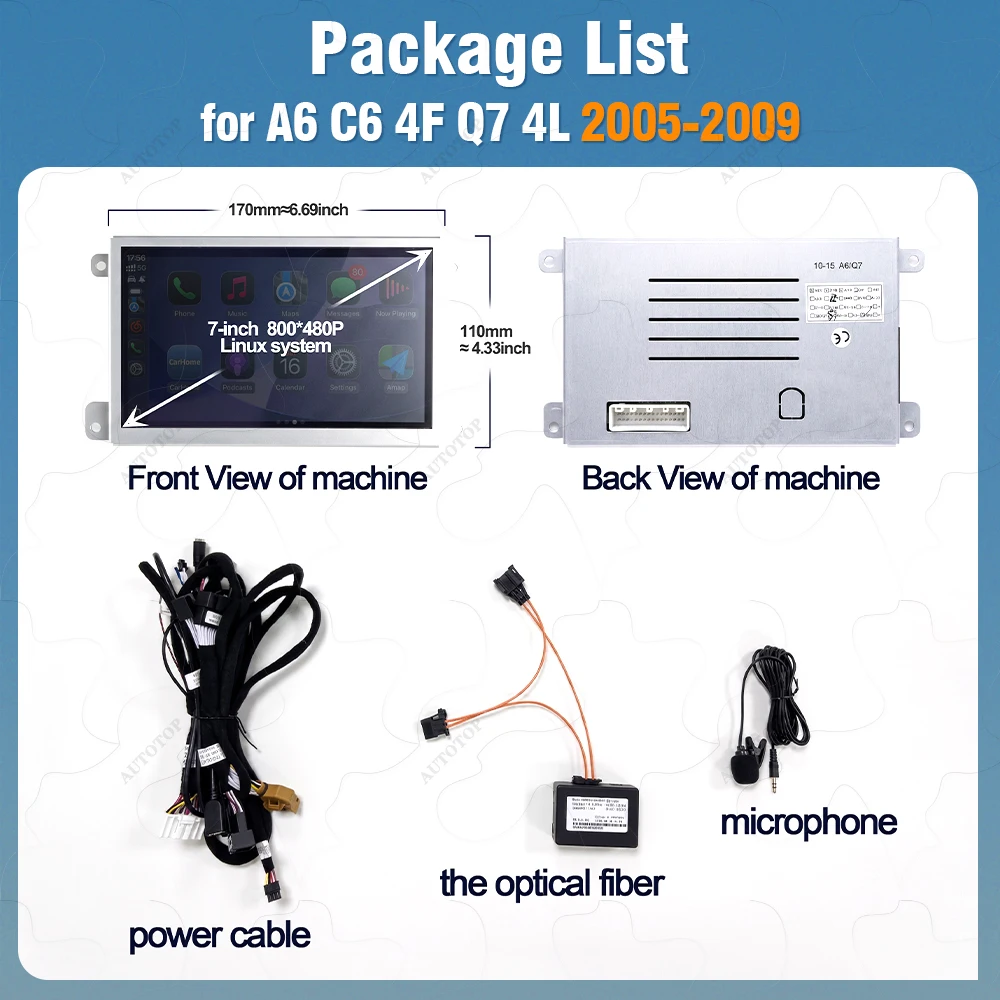 AUTOTOP Radio Multimedia para Auto Audi A6 C6 4F Q7 4L 2005-2015, Pantalla Táctil Suave de 7 Pulgadas con Linux, CarPlay Inalámbrico, Android Auto, Reproductor de Video Estéreo, Aplicación YouTube Integrada, DSP, Siri, Control del Volante, Navegación con AMI, AUX, Micrófono, Cable, Plug and Play 7