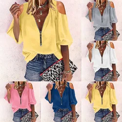 Sexy Off Shoulder Women Blouse Vintage Loose V Neck Casual Shirt Y2k Harajuku Oversize Tops Elegant Zip Sweatshirt Tunic Tees