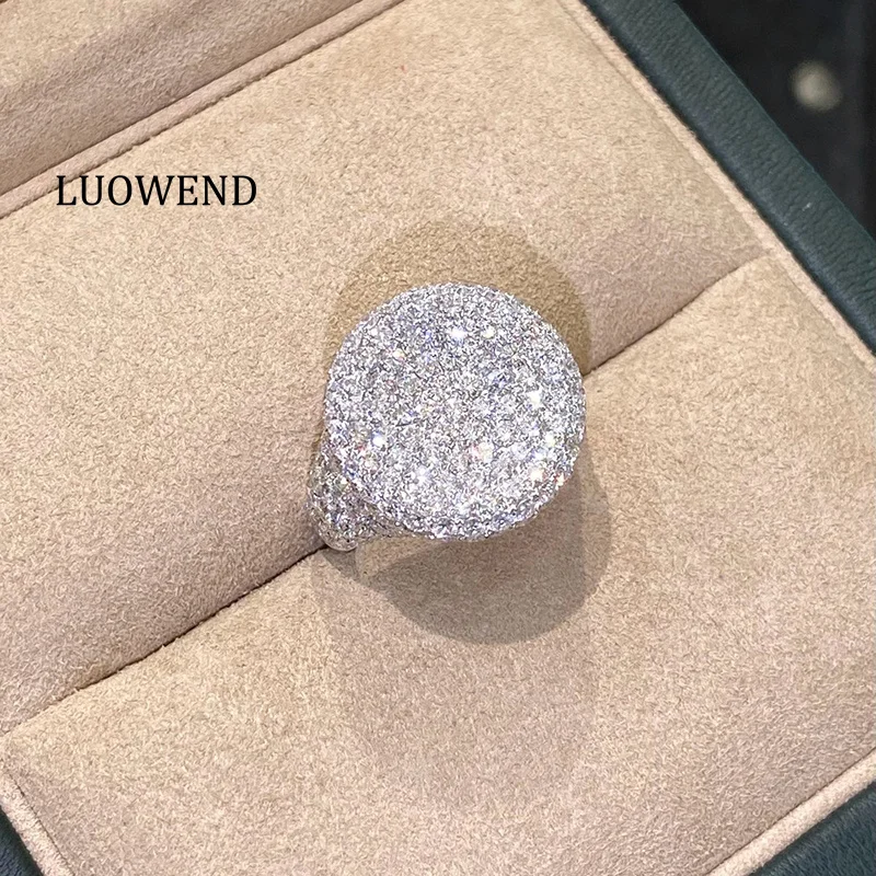 LUOWEND 100% 18K White Gold Rings Luxury Round Shape Real Natural Diamond Engagement Ring for Women Wedding High Party Jewelry