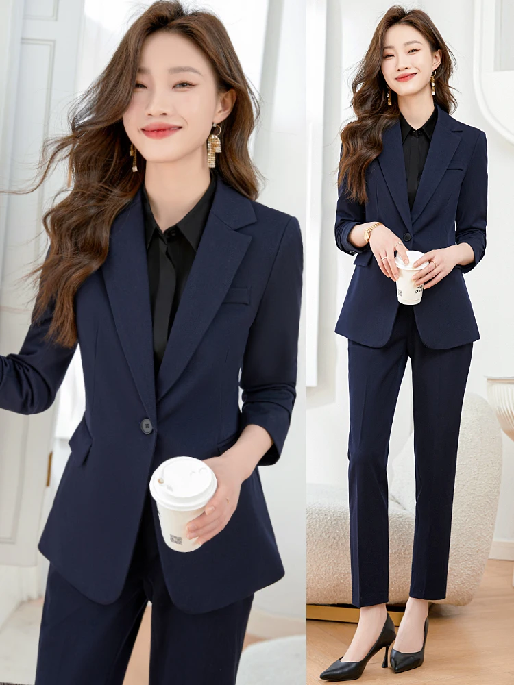 

Cobalt Blue Women's Suit Set Professional Formal Hotel Work Uniform Long Sleeve Button up Pure Color Commute Style Slim Fit