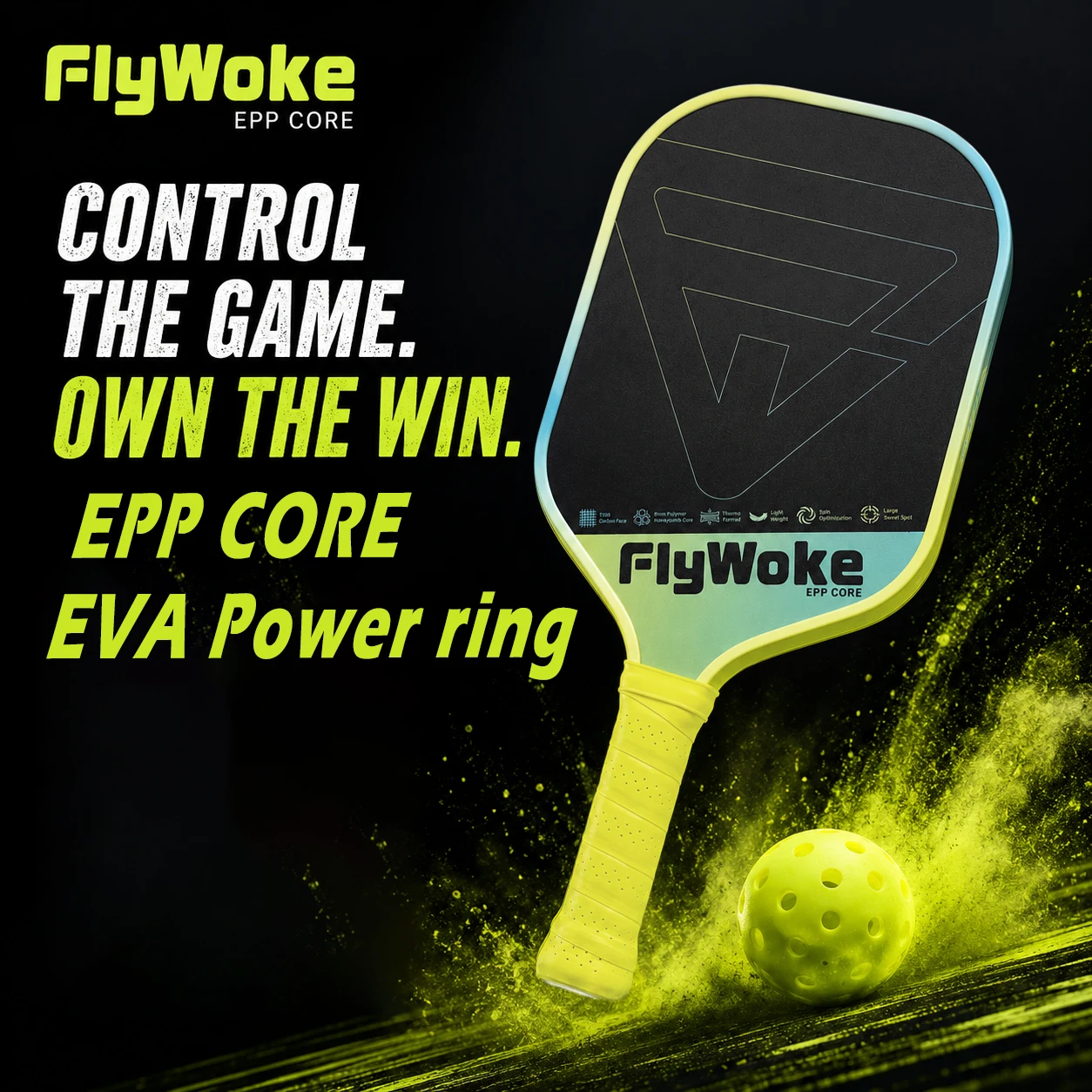Pala de pickleball FlyWoke T800 de fibra de carbono con núcleo de espuma EPP y anillo de potencia EVA, alta elasticidad, punto dulce grande