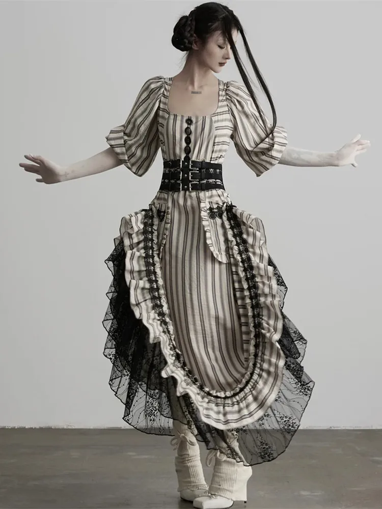 112cmBust SpringAutumn Striped Maxi Dress Women Vintage Elegant SquareNeck Cinched Waist Lace Ruffle Flared Multi-Way Wear Dress