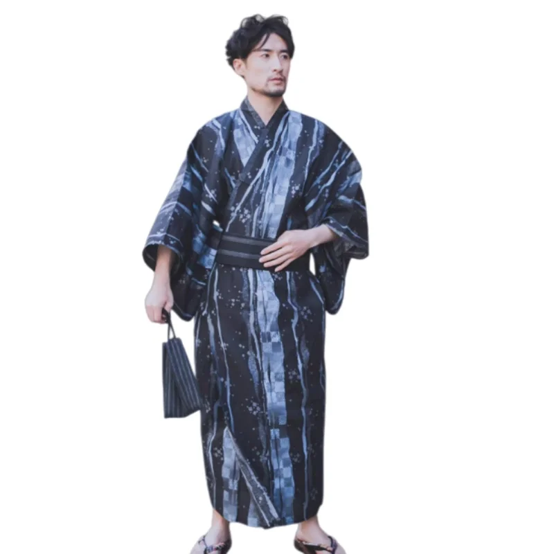 

Классическое японское мужское кимоно-юката с поясом, сумкой, для путешествий, отеля, как халат, пижама, свободная домашняя одежда