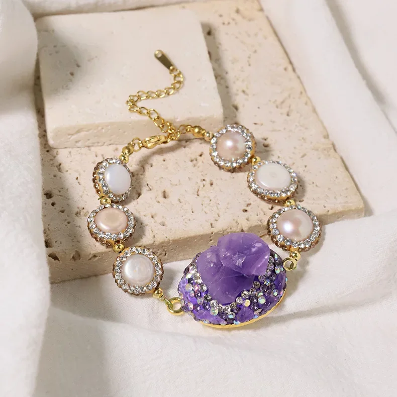 Amethyst Fresh Water Baroque Pearl Bracelet Bangle All-Match Heavy Industry Senior Sense Bracelet Women Jewelry Christmas Gift
