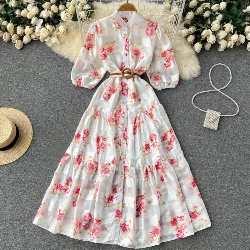 Elegant Dress Printed Fashion Temperament Stand Collar Lantern Sleeve Elastic Waist Hit Color With Belt Short Sleeve Dress Women