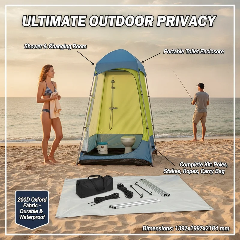 Cabine de douche extérieure portable, vestiaire privé, tissu Oxford 200D résistant, pour camping, plage, pêche, comprend des poteaux et une sacoche de transport, vert, 140x140x218 cm