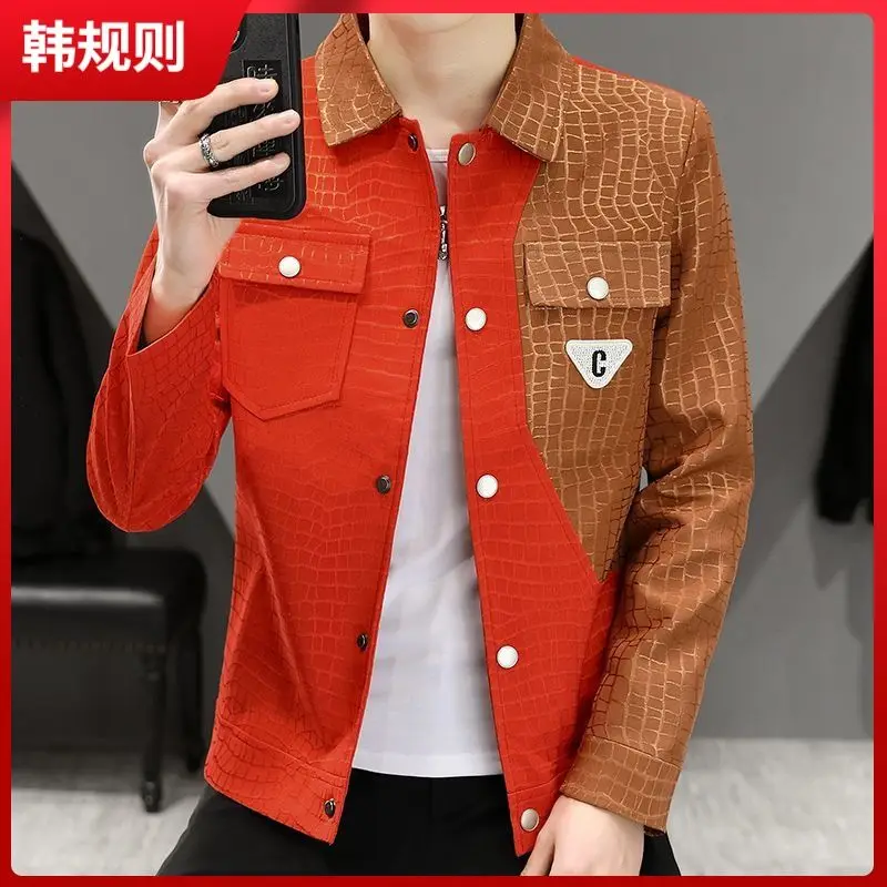 3-A20  Spring and autumn lapel color matching bright red jacket for men hairdresse fit handsome fashion patchwork leather jacket