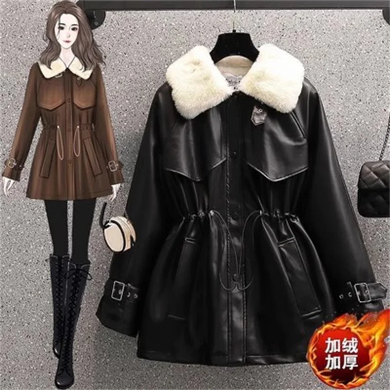 

Long Waist Big Fur Collar PU Leather Coat Women Winter 2024 New Slim Add Velvet Padded Fur One-piece Washed Motorcycle Clothes