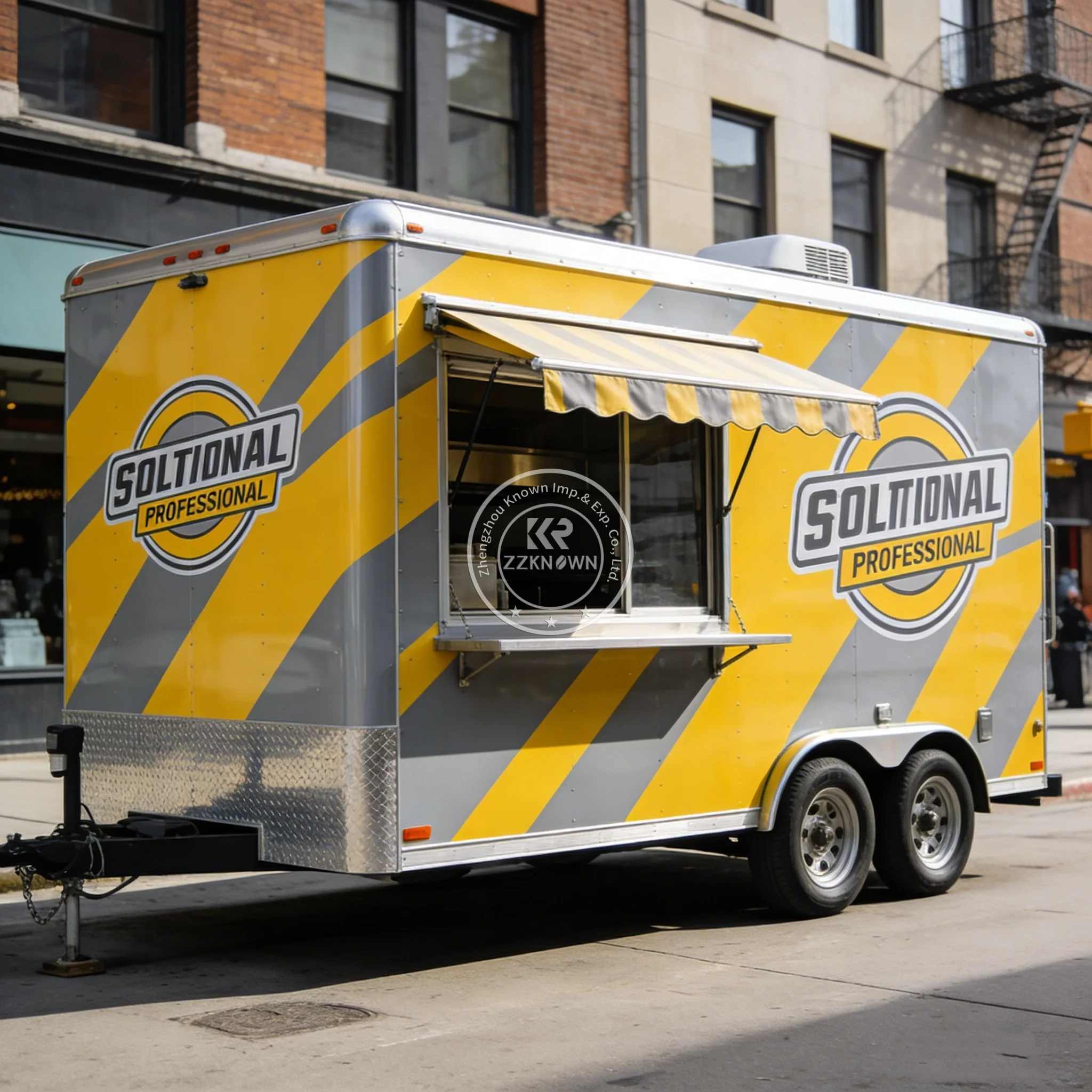 

Мобильная кухня-прицеп квадратной формы с вытяжкой для бизнеса быстрого питания, с возможностью индивидуальной настройки