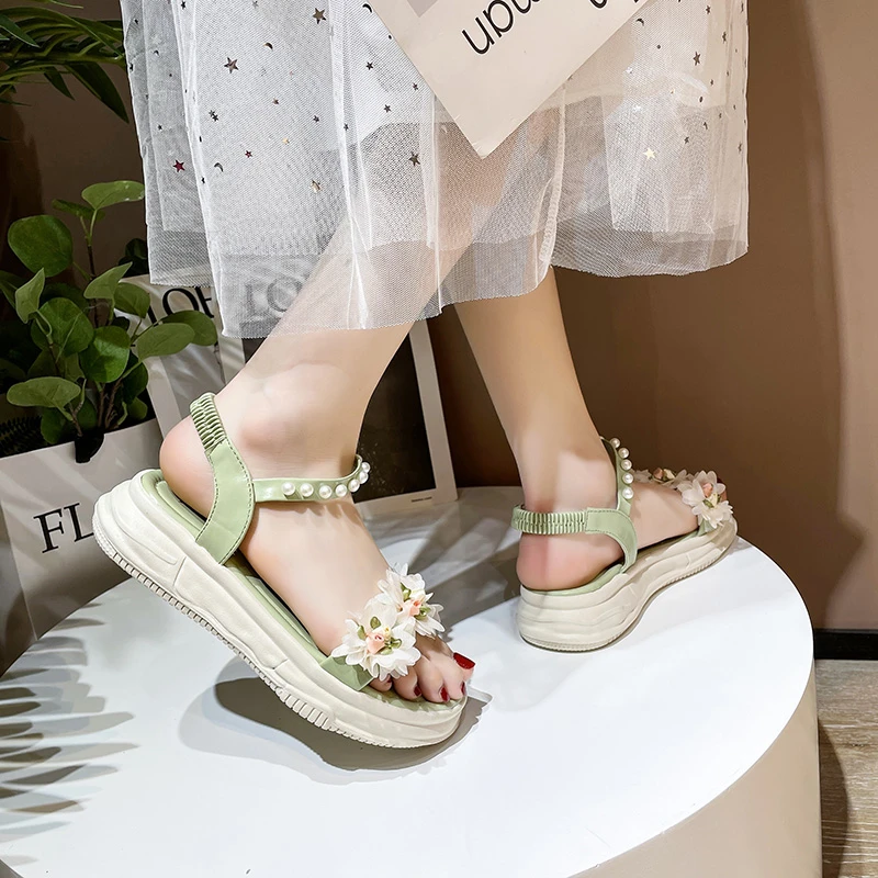 Sandals Women Summer New Fashion Women\'s Sandals 2022 Pearl Platform Shoes Sweet Flowers Casual Sandals Elastic Band Women Shoes