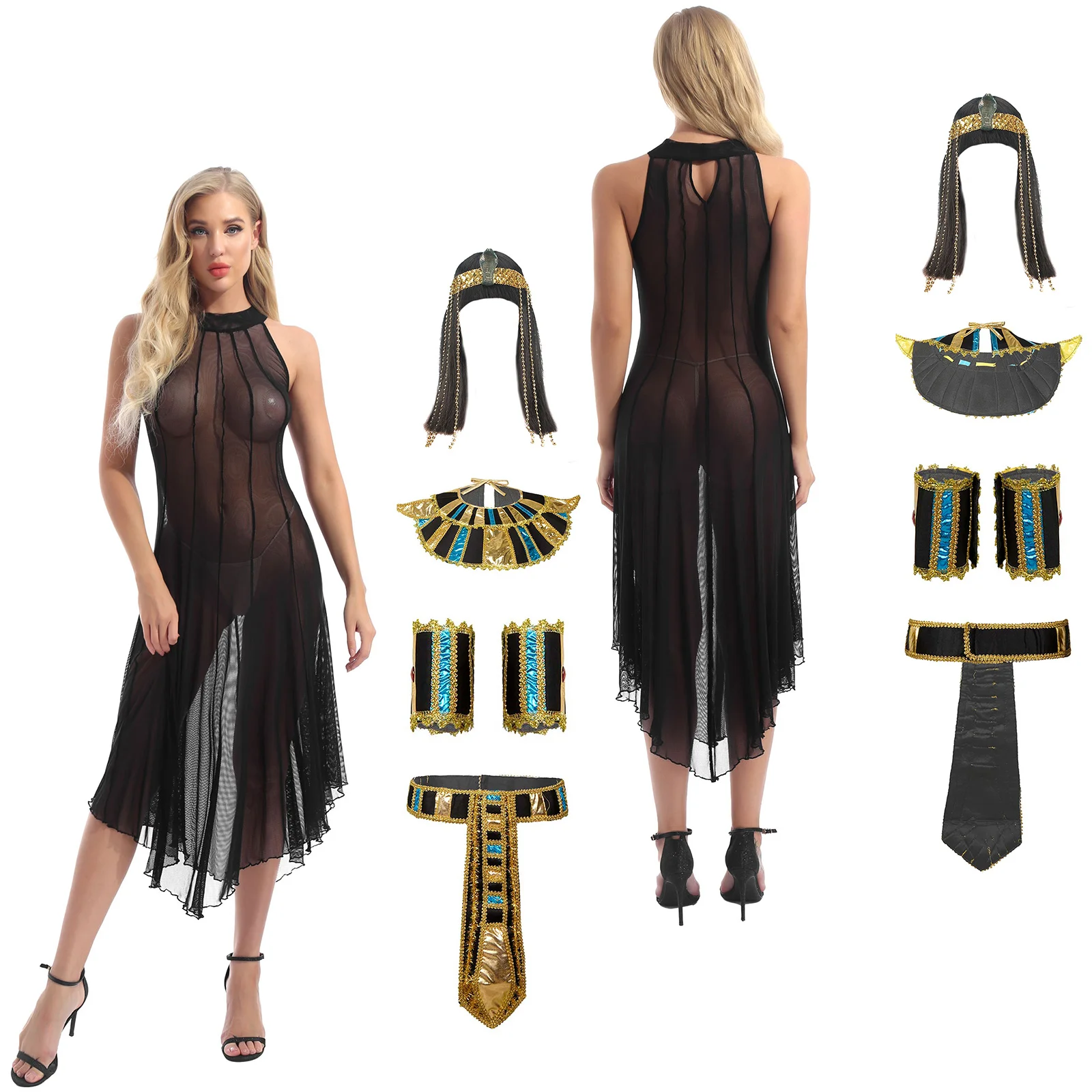 Womens Sexy Egyptian Queen Gothic Halloween Seethru Cosplay Dress Costume Classic Wig Headband Festival Party Concert Dressup