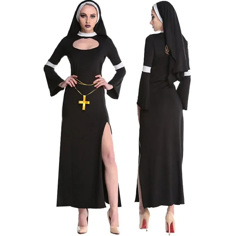 

Sexy Black Vintage Medieval Women Halloween Nun Dress Costume Priestess Long Nun Cosplay Role Play Costume