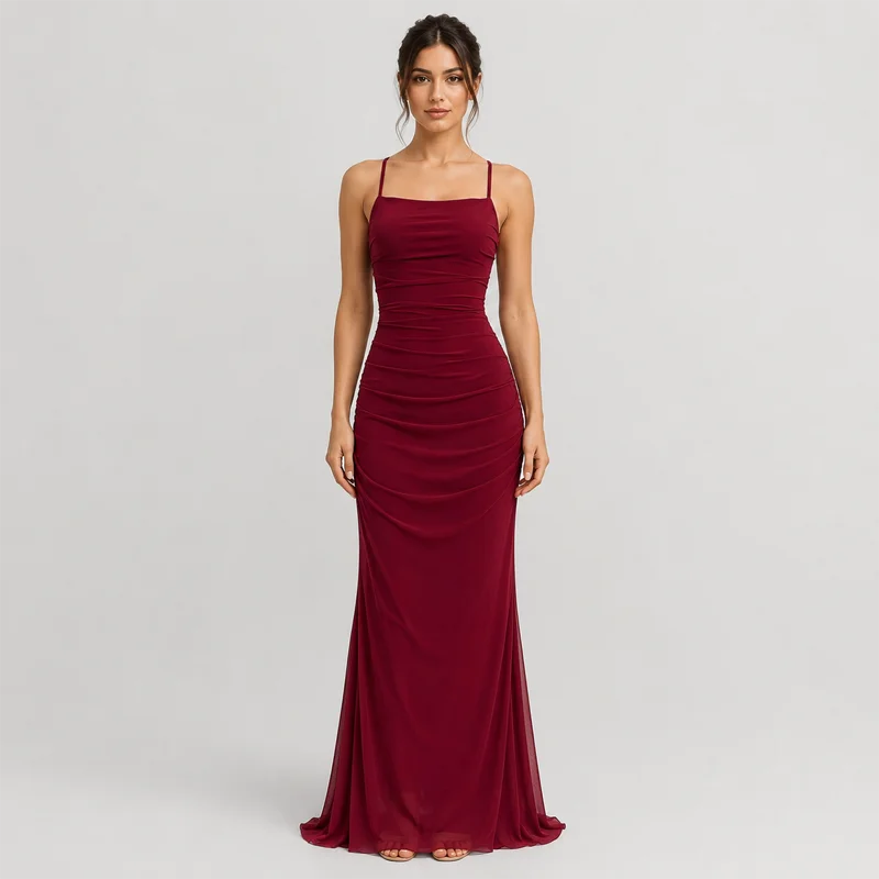 Robe longue moulante rose bordeaux pour femme, froncée, à fines bretelles, dos lacé, élégante pour soirée, fête ou invitée de mariage