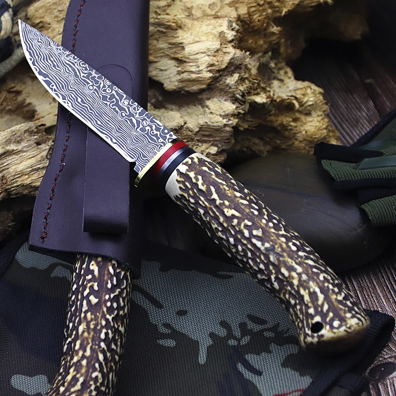 Outdoor Damascus pattern Stainless steel + imitation bone Handle Straight knife wild camping meat slicing inside knife